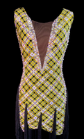Resale Artistry in Motion Yellow with Black Plaid Latin Dress with Tassel Fringe, Swarovski Stones, and a Beautiful Back Strap Design Sz M Lat161