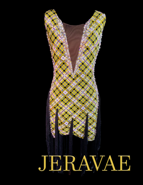 Resale Artistry in Motion Yellow with Black Plaid Latin Dress with Tassel Fringe, Swarovski Stones, and a Beautiful Back Strap Design Sz M Lat161
