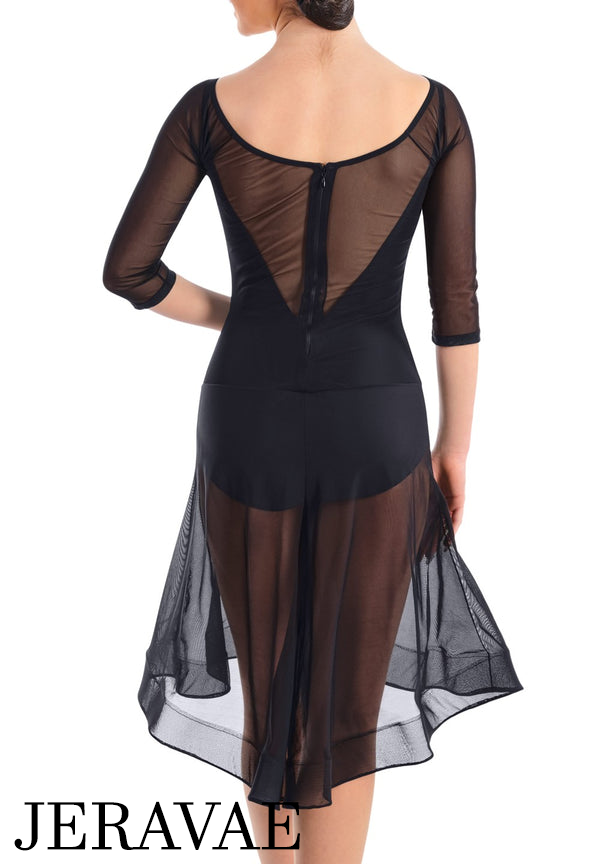Victoria Blitz Naomi Sheer Black Latin Practice Dress with Boat Neck, 3/4 Length Mesh Sleeves, and Gathered Detail in Front of Skirt PRA 733 in Stock