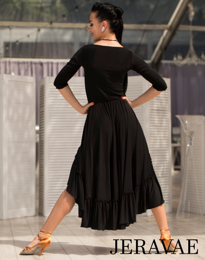 Senga Dancewear NATIA Black Latin Practice Dress with Half Sleeves and Asymmetrical Skirt with Ruffle Hemline PRA 990 in Stock