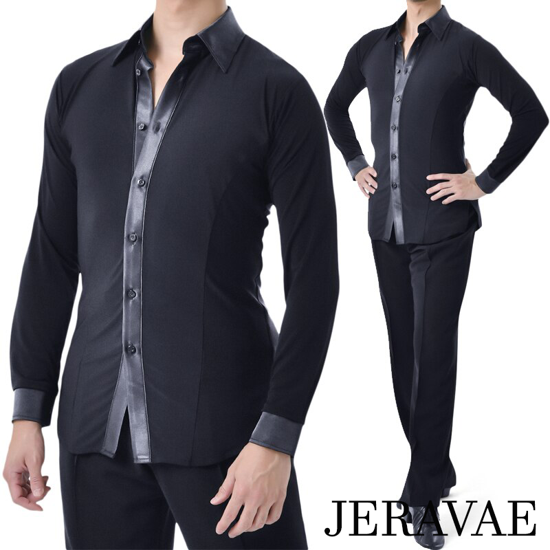 Men's Black Button Down Tuck Out Style Latin Shirt with Long Sleeves and Black Lycra Accents with Silver Threads M069 in Stock