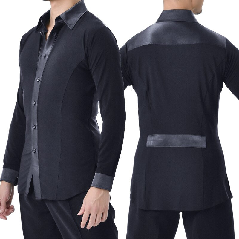 Men's Black Button Down Tuck Out Style Latin Shirt with Long Sleeves and Black Lycra Accents with Silver Threads M069 in Stock