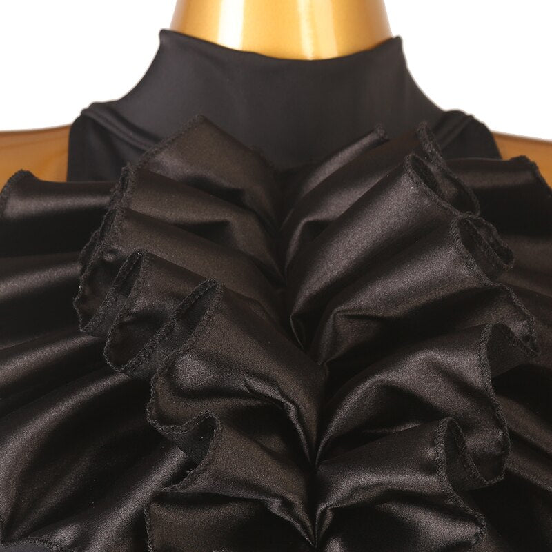 Sleeveless Black Halter Ballroom Practice Dress with Large Satin 3D Ruffle, Mesh Side Inserts and Skirt, and Open Back PRA 894 in Stock