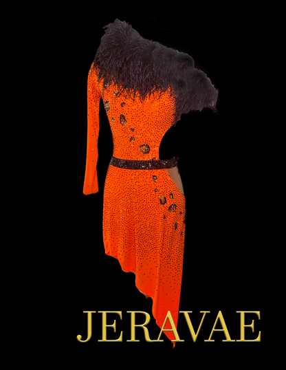 Orange Latin Dress with Single Long Sleeve, Side Cutout, Black Feather Collar, Asymmetrical Skirt, Swarovski Stones, and Nude Mesh Insert at Hip Sz S Lat167
