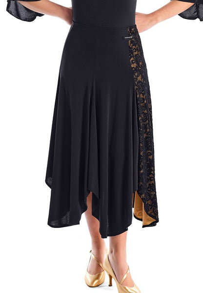 Victoria Blitz Pachino Black Ballroom Practice Skirt with a Floral Lace Panel on the Side with Nude Lining and Asymmetrical Hemline PRA 737 In Stock