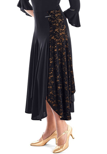 Victoria Blitz Pachino Black Ballroom Practice Skirt with a Floral Lace Panel on the Side with Nude Lining and Asymmetrical Hemline PRA 737 In Stock