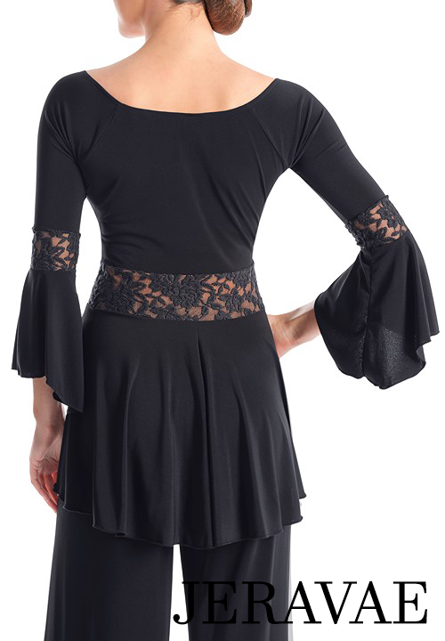 Victoria Blitz Reggio Ballroom or Latin Black Practice V-Neck Top with 3/4 Bell Sleeves, Flared Bottom, and Lace Patterned Bands PRA 747 In Stock