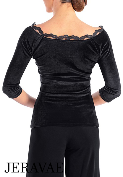 Victoria Blitz Page Black Velvet Ballroom Practice Top with V-Neckline, Scalloped Lace Trim, and 3/4 Sleeves PRA 738 In Stock