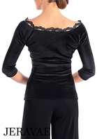 Victoria Blitz Page Black Velvet Ballroom Practice Top with V-Neckline, Scalloped Lace Trim, and 3/4 Sleeves Pra738 In Stock