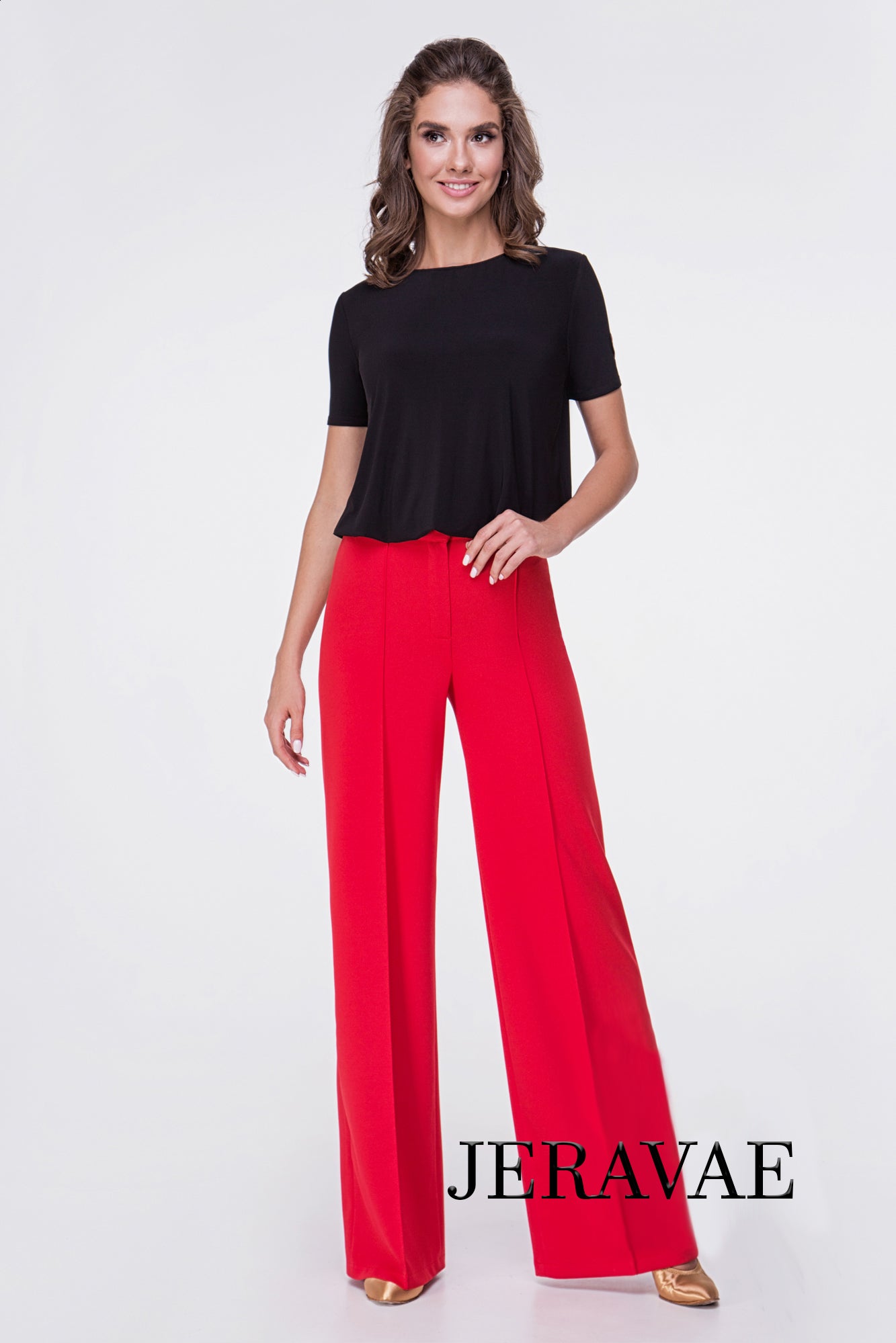 Red or Black Ballroom Practice Pants that Are perfect for Teaching.  Come with Single Pleat Down Front and Back of Each Leg PRA 552