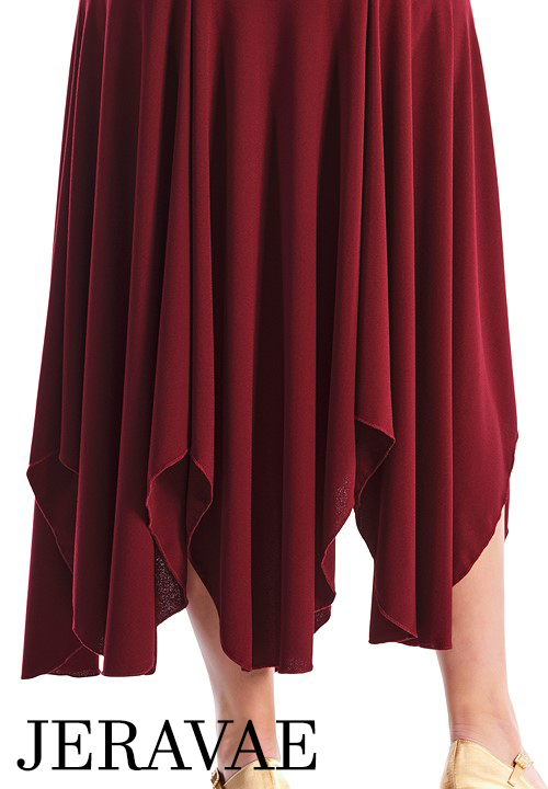 Victoria Blitz Pati Burgundy Ballroom Practice Skirt with Panel Design, Handkerchief Hemline, and Elastic Waistband PRA 739 in Stock