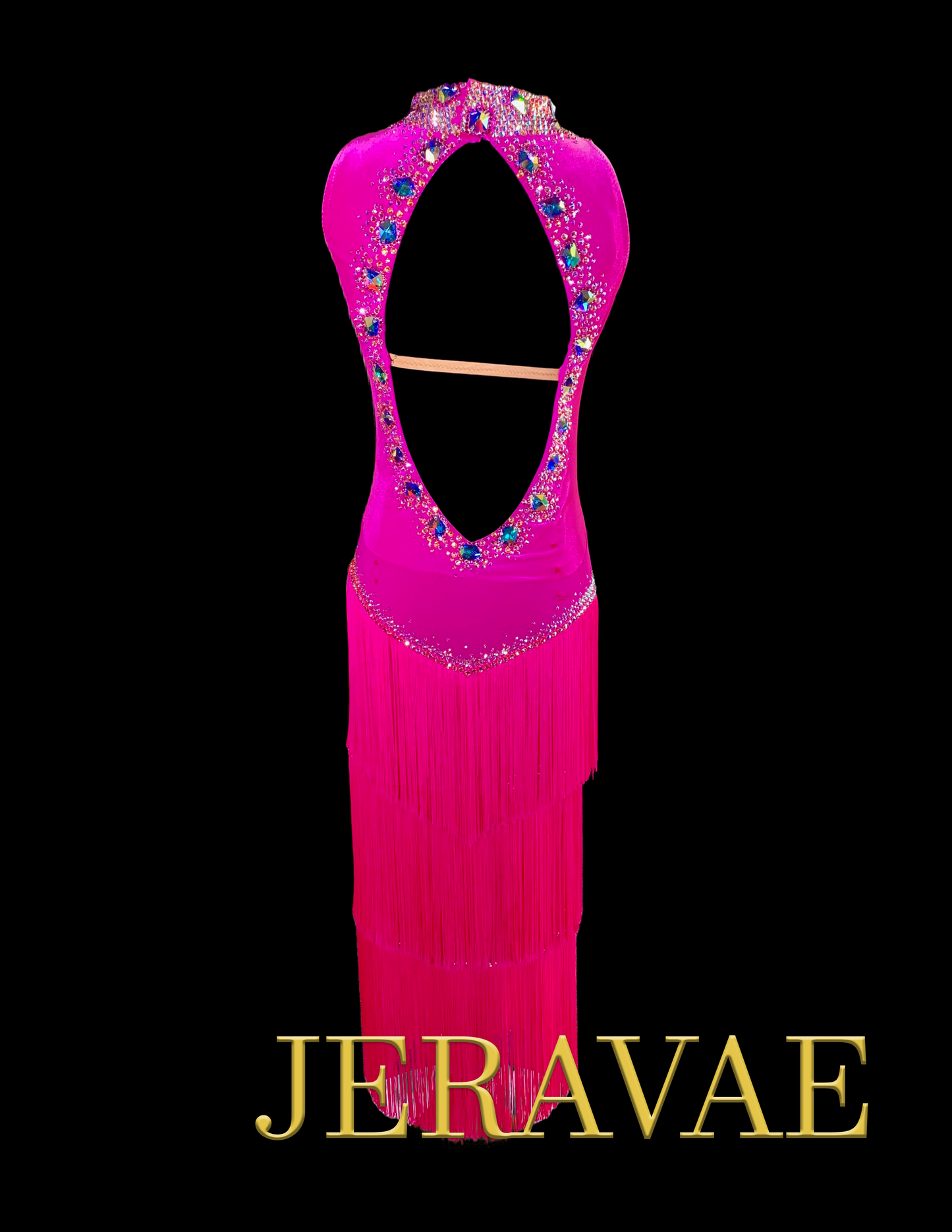 Resale Artistry in Motion Sleeveless Pink Velvet Latin Dress with Fringe Skirt, Swarovski Stones, and Front Mesh Insert in Diamond Shape Sz S Lat163