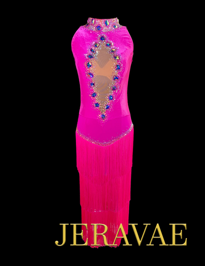 Resale Artistry in Motion Sleeveless Pink Velvet Latin Dress with Fringe Skirt, Swarovski Stones, and Front Mesh Insert in Diamond Shape Sz S Lat163