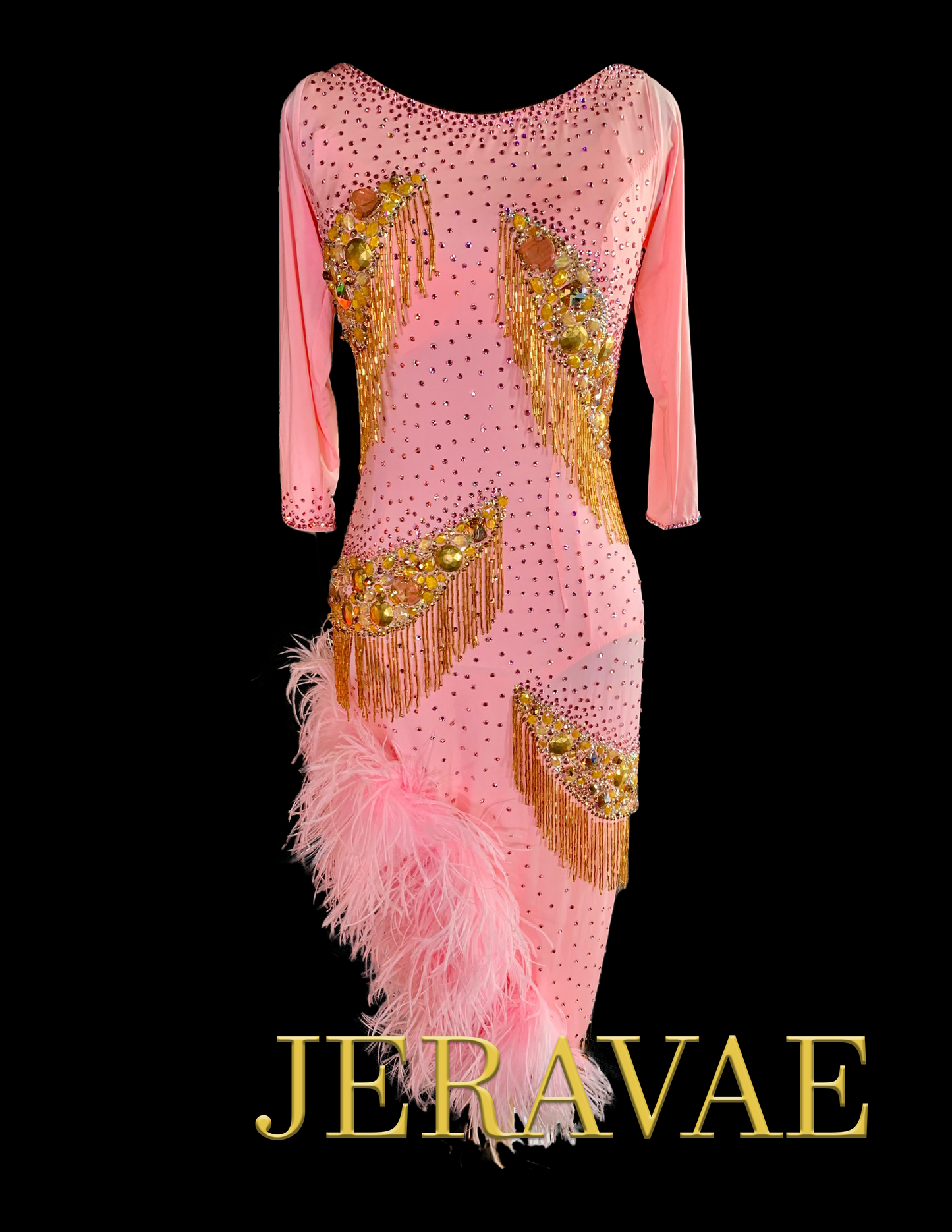 Resale Artistry in Motion Pink Carnation Latin Dress with Gold Spike Cutouts, Asymmetrical Pink Boa Hem, and Gold Bugle Beads Sz S Lat125