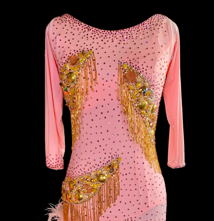 Resale Artistry in Motion Pink Carnation Latin Dress with Gold Spike Cutouts, Asymmetrical Pink Boa Hem, and Gold Bugle Beads Sz S Lat125