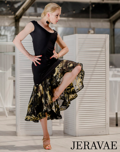 Senga Dancewear PIVA Sleeveless Black Latin Practice Dress with Black and Gold Asymmetrical Flounce Skirt and Cutout on Back PRA 960 in Stock