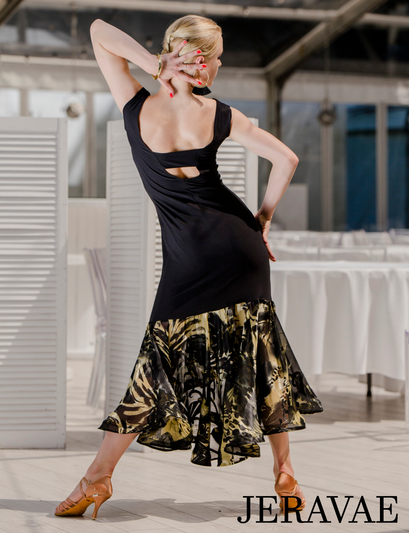 Senga Dancewear PIVA Sleeveless Black Latin Practice Dress with Black and Gold Asymmetrical Flounce Skirt and Cutout on Back PRA 960 in Stock