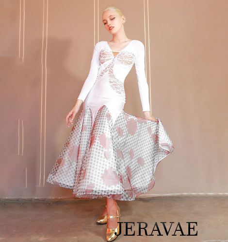 White Ballroom Dress with Lace, Red Flowers on Polka Dot Skirt, and Nude Underlayer PRA 787_sale