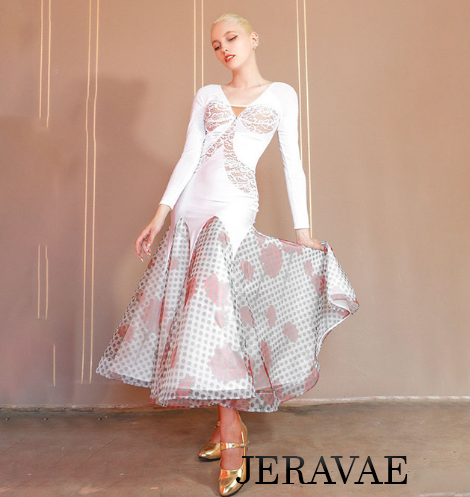 White Ballroom Dress with Lace, Red Flowers on Polka Dot Skirt, and Nude Underlayer PRA 787_SALE