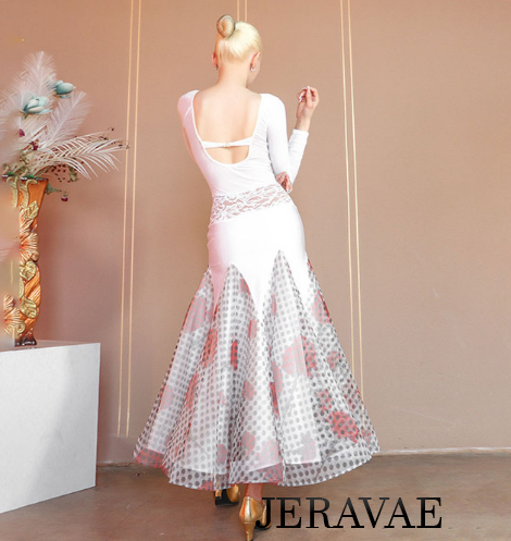 White Ballroom Dress with Lace, Red Flowers on Polka Dot Skirt, and Nude Underlayer PRA 787_sale