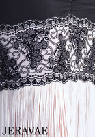 Victoria Blitz Prue Black or White Ruched Latin Dress with Wide Neckline, 3/4 Sleeves, Flock Pattern, and Fringe Hemline Pra741 in Stock
