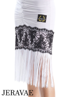 Victoria Blitz Prue Black or White Ruched Latin Dress with Wide Neckline, 3/4 Sleeves, Flock Pattern, and Fringe Hemline Pra741 in Stock