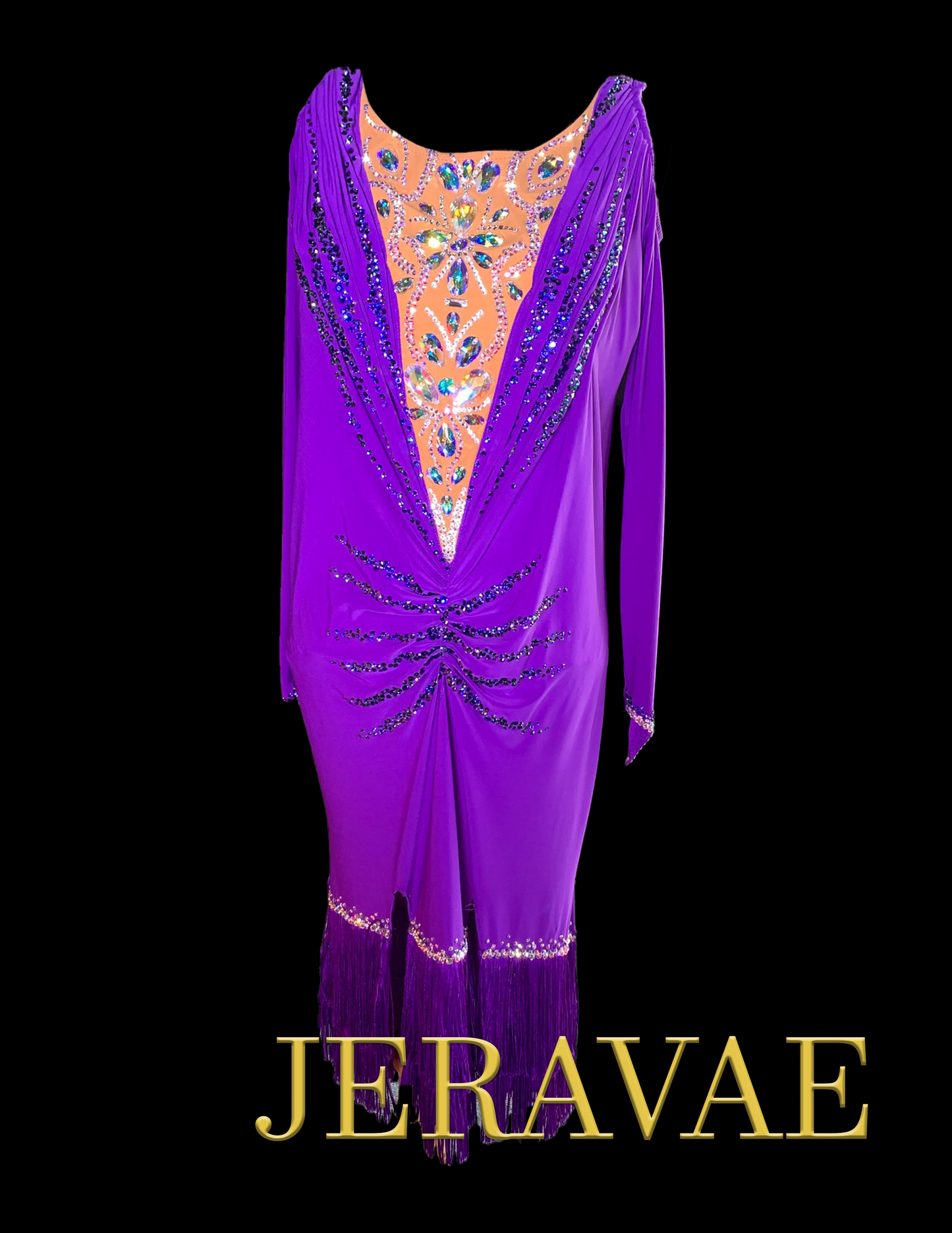 Resale Artistry in Motion Purple Latin Dress with Long Sleeves, Ruching on Front and Back, Swarovski Stones, and Slit Skirt with Fringe Hem Sz L/XL Lat179