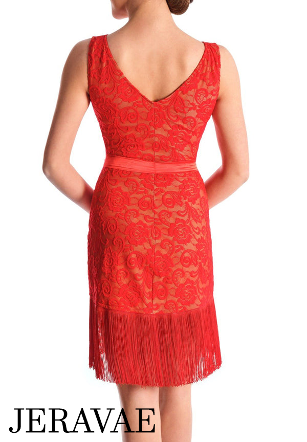 Victoria Blitz Raven Red Latin Practice Dress with Boat Neck, Lace Overlay, Satin Tie Wrap, and Fringe Hem PRA 745 in Stock