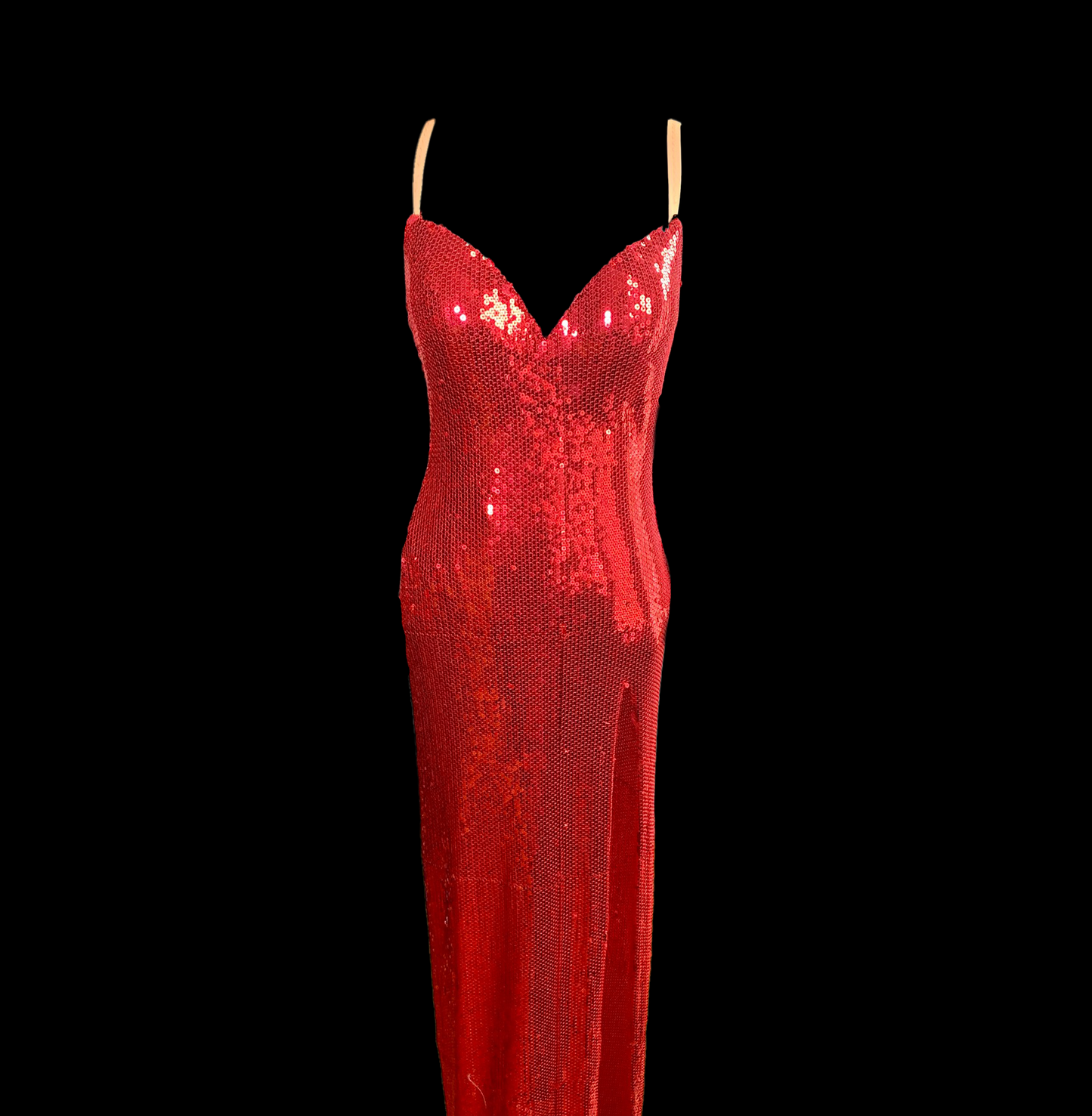 Resale Artistry in Motion Sleeveless Red Sequin Latin Dress with Sweetheart Neckline, Deep Side Slit in Skirt, and Bare Back Sz S Lat144