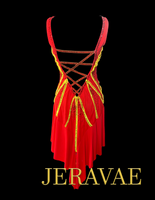 Resale Artistry in Motion Red Latin Dress with Yellow Stripes, Swarovski Stones, and Straps Across the Back Sz M Lat138