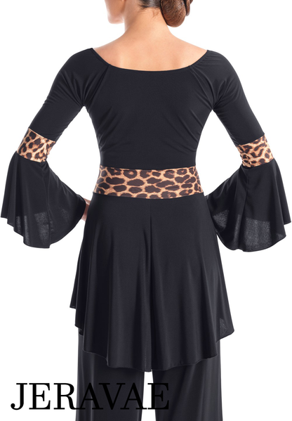 Victoria Blitz Reggio Leopard Ballroom or Latin Black Practice Top with V-Neckline, 3/4 Bell Sleeves, Flared Bottom, and Leopard Print Bands PRA 746 In Stock
