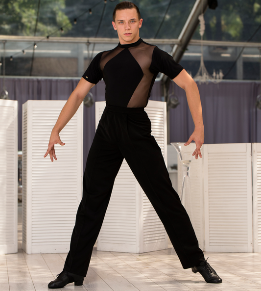 Senga Dancewear RIMO Men's Black Short Sleeve Tuck Out Style Latin Shirt with Diamond Shape Feature on Front and Mesh Inserts M074 in Stock