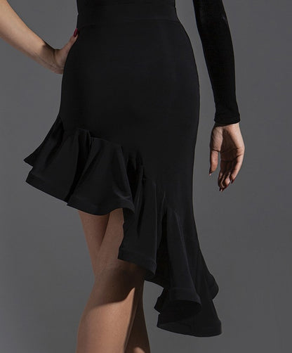 Asymmetrical Latin Practice Skirt with Wrapped Horsehair Hem and Elastic Waistband Available in 3 Colors PRA 609