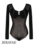 Women's Black Long Sleeve Transparent Stretch Mesh Bodysuit Practice Top with Cross Straps on Back and Pearl Feature at Center Front Pra957 in Stock