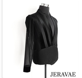 Men's Black Long Sleeve Mesh and Velvet Latin or Rhythm Open Top with Deep V-Neck Bodysuit/Tuck in Style Shirt M071 in Stock