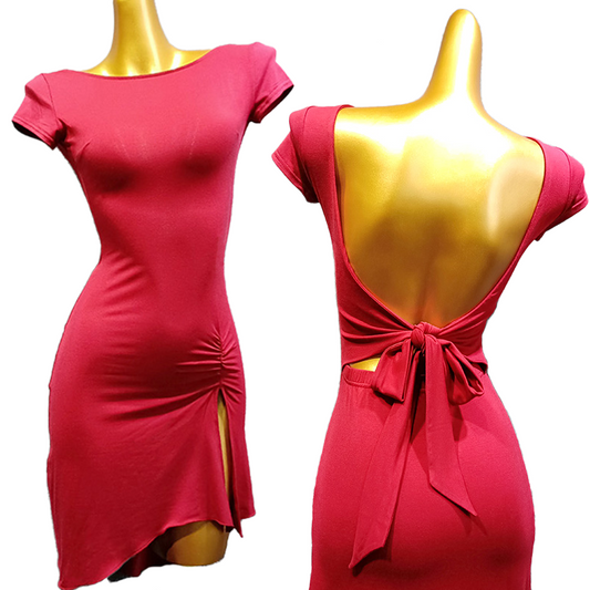 Short Sleeve Tie Back Latin Practice Dress with Ruching at Hip and Slit in Asymmetrical Skirt Available in Red or Black PRA 958_sale