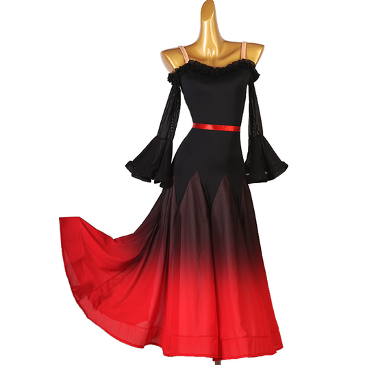 Black and Red Ombré Ballroom Practice Dress with Off the Shoulder Bell Sleeves, Ruffle Detailing Around Neckline, and Ribbon Belt