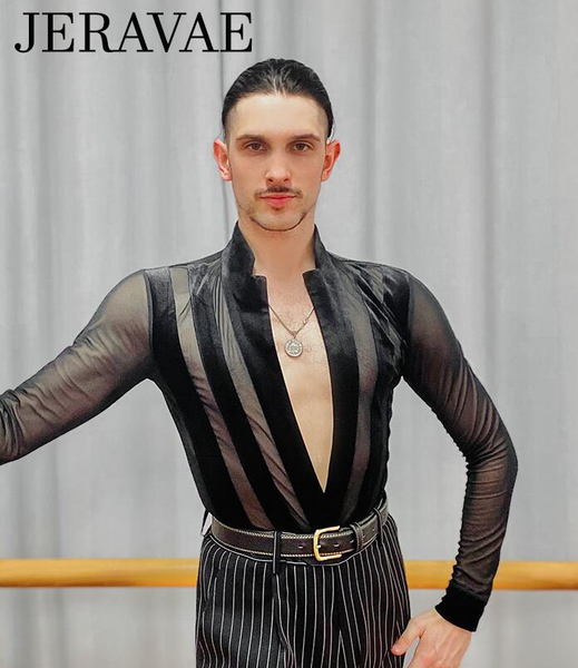 Men's Black Long Sleeve Mesh and Velvet Latin or Rhythm Open Top with Deep V-Neck Bodysuit/Tuck in Style Shirt M071 in Stock
