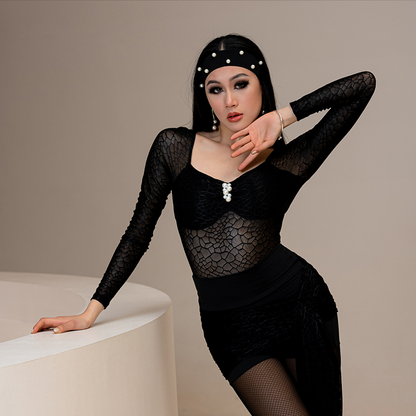 Women's Black Long Sleeve Transparent Stretch Mesh Bodysuit Practice Top with Cross Straps on Back and Pearl Feature at Center Front PRA 957 in Stock