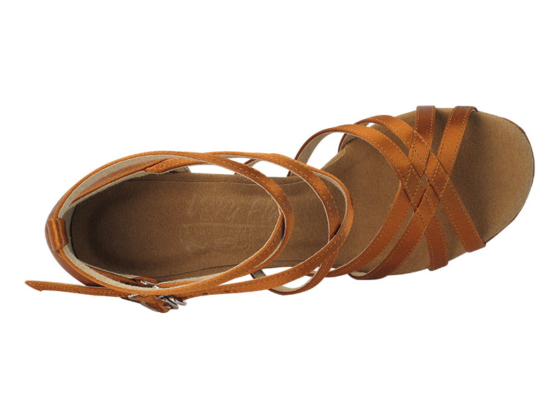 Very Fine S9206 Copper Tan Satin Latin Shoe with Two Double Cross Straps and Suede Sole