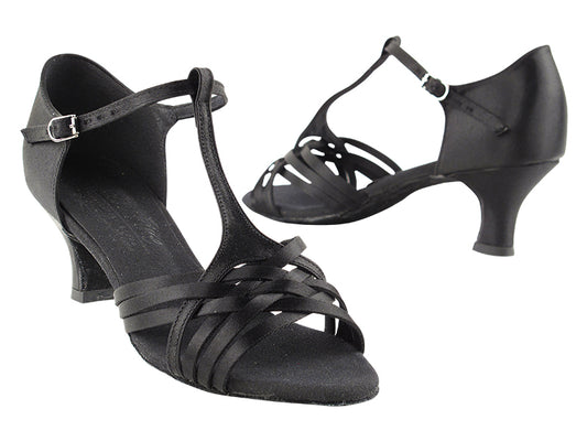 Very Fine S92304 Black Satin 2 Inch Cuban Heel Latin Shoe with Multiple Toe Straps