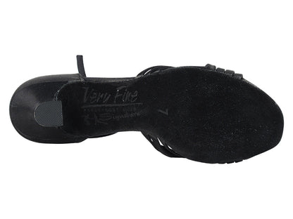 Very Fine S92304 Black Satin 2 Inch Cuban Heel Latin Shoe with Multiple Toe Straps