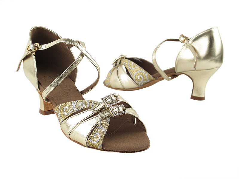 Very Fine S92307 Gold Flower 2 Inch Heel Latin Shoe with Double Buckle Toe Straps and Crossed Ankle Strap