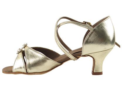 Very Fine S92307 Gold Flower 2" Heel Latin Shoe with Double Buckle Toe Straps and Crossed Ankle Strap