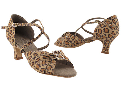 Very Fine S92307 Leopard Satin 2" Heel Latin Shoe with Double Buckle Toe Straps and Crossed Ankle Strap