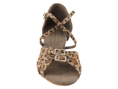Very Fine S92307 Leopard Satin 2 Inch Heel Latin Shoe with Double Buckle Toe Straps and Crossed Ankle Strap