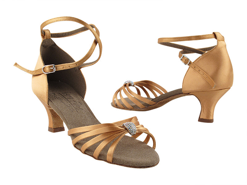 Very Fine S92311 Tan Satin 2 Inch Heel Latin Shoe with Open Toe and Crossed Ankle Strap