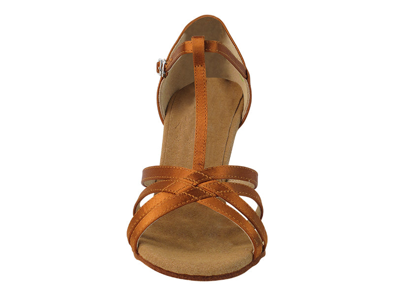 Very Fine S9235 Copper Tan Satin Latin Shoe with 2.5 Inch Heel, T-strap, and Suede Sole
