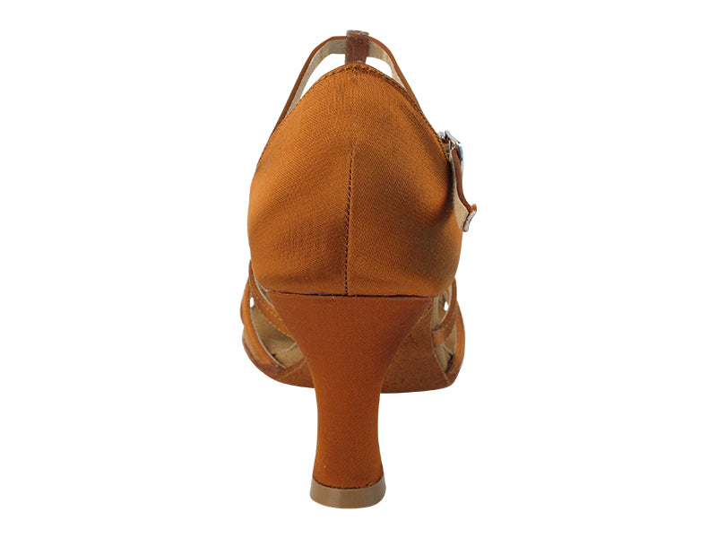 Very Fine S9235 Copper Tan Satin Latin Shoe with 2.5 Inch Heel, T-strap, and Suede Sole