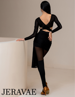 Women's Black Long Sleeve Transparent Stretch Mesh Bodysuit Practice Top with Cross Straps on Back and Pearl Feature at Center Front Pra957 in Stock